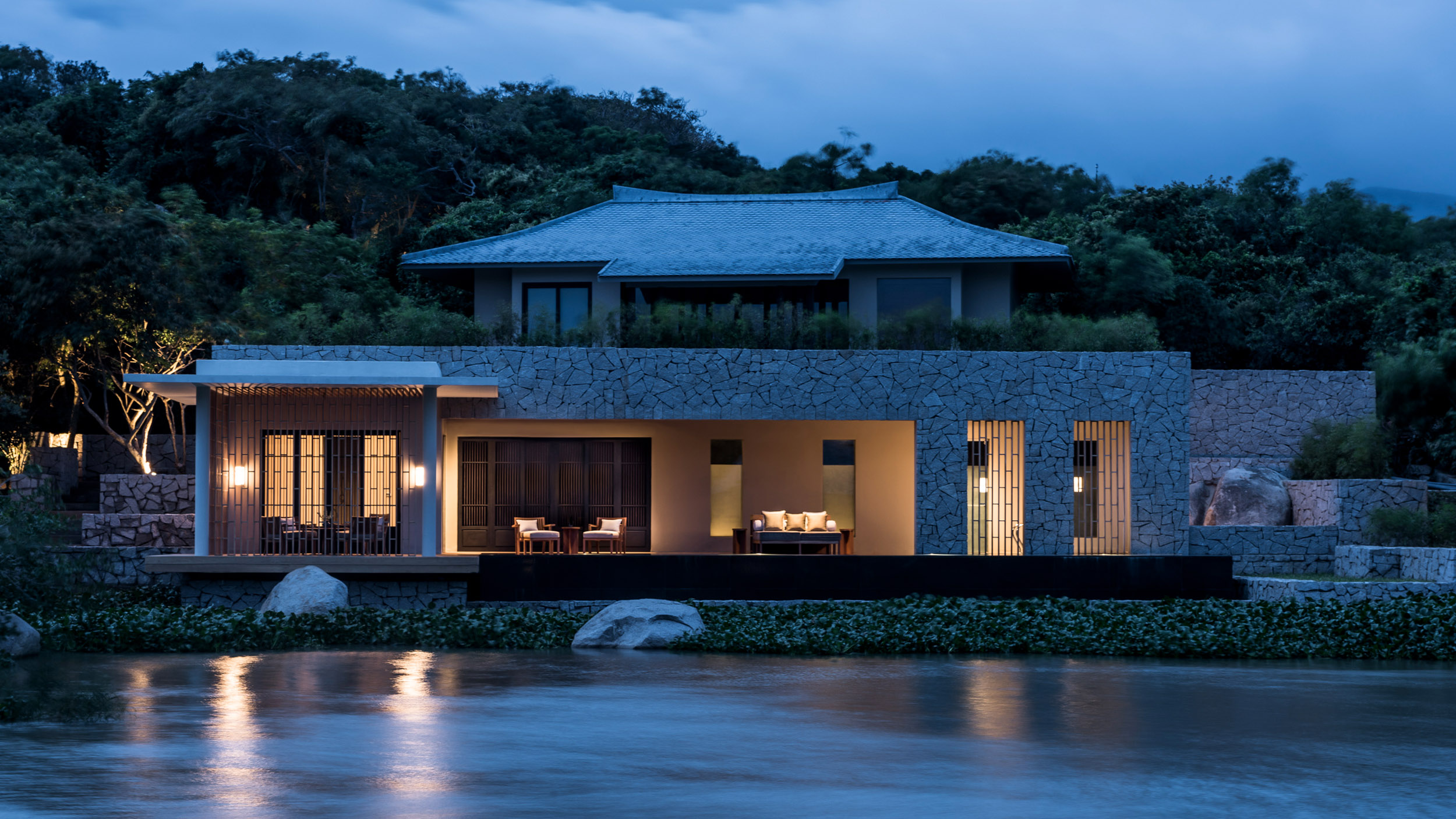 Amanoi Spa House building design at dusk